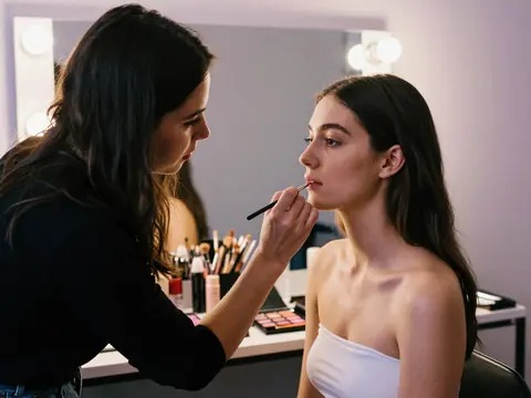 A makeup artist applies lipstick to a model in front of a dressing-room mirror