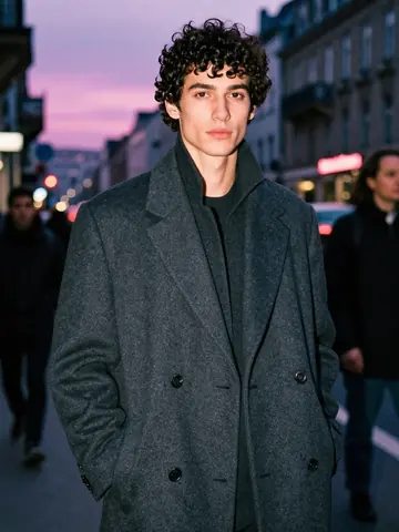 A model in a coat poses on a city street at dusk