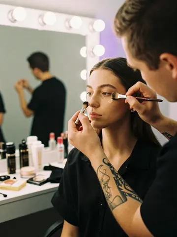 A makeup artist applies foundation to a model backstage