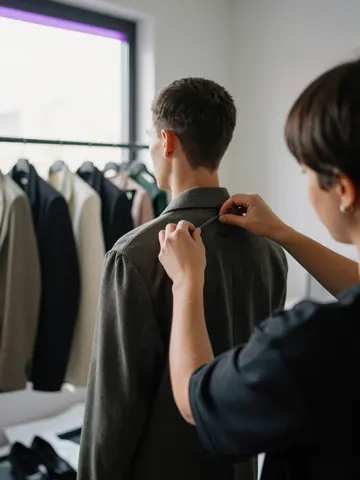 Adjusting a jacket collar on a model in a studio