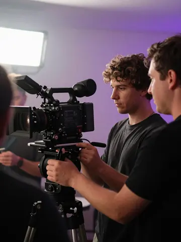 A videographer frames a scene with a cinema camera